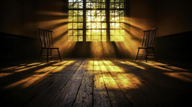 Sunlight Streams Through Window, Illuminating Empty Chairs in Warm Room Setting photo
