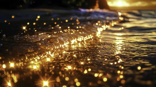 Glimmering Sunset Reflections on Calm Ocean Waves with Sparkling Lights and Warm Colors photo