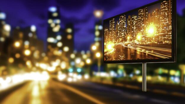 Night Cityscape with Billboard Illuminated by Traffic Lights and Blurred Urban Background photo