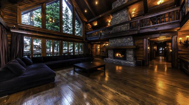 Cozy Rustic Living Room with Large Windows and Stone Fireplace in Cabin Retreat Setting photo