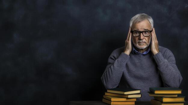 Elderly man with glasses holding head in frustration surrounded by stack of books photo