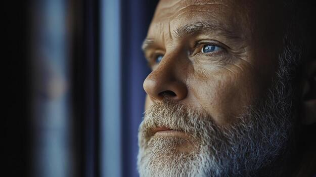 Thoughtful older man gazing out of a window with deep blue eyes and a contemplative expression photo