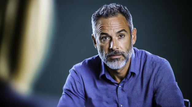 Engaged Conversation Between Man with Beard and Woman in Professional Setting photo