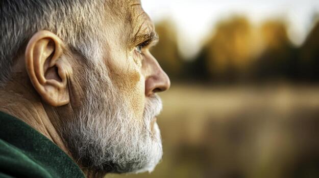 Elderly Man with Gray Beard Contemplating Nature at Autumn Sunset in Soft Focus Background photo