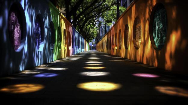 vistoso ruta con vibrante oscuridad y circulo patrones en urbano ajuste foto