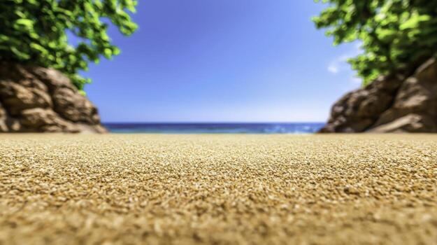 Serene Beach View with Soft Sand and Lush Greenery Under Bright Blue Sky photo