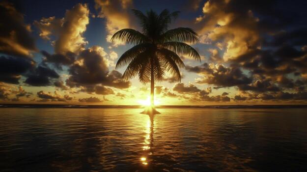 Serene Sunset Over Ocean with Silhouette of Palm Tree Against Colorful Cloudscape photo
