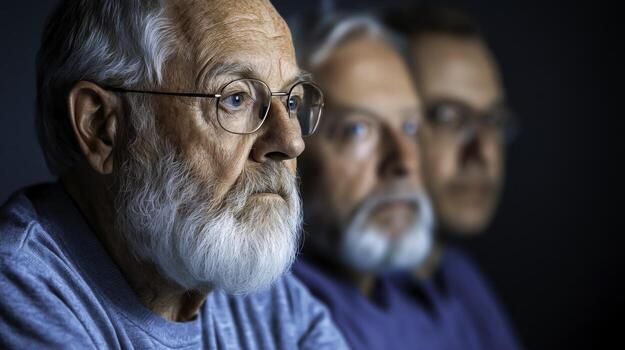 Thoughtful elderly man with glasses and beard reflecting on life with two blurred figures behind photo