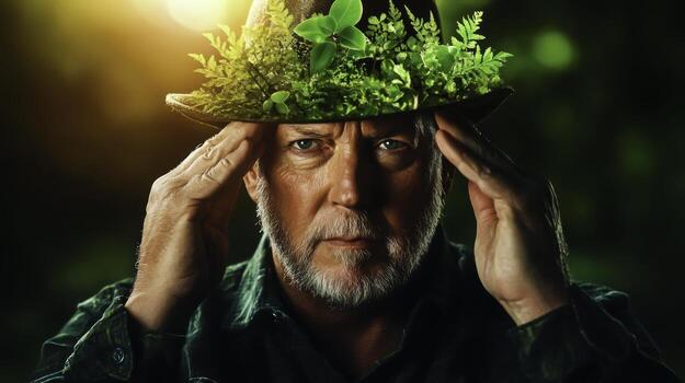 Man with Greenery Hat in Nature Surrounded by Soft Light and Green Foliage Background photo