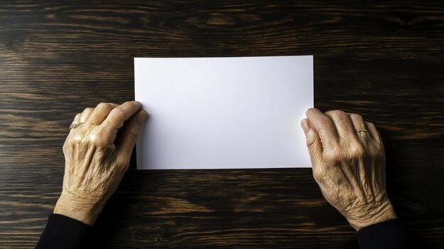 Two Hands Holding Blank White Sheet of Paper on Dark Wooden Table Surface photo