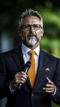 Confident Speaker in Business Suit with Microphone and Orange Accessories at Event photo