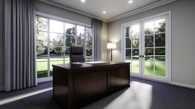 Modern Office Interior with Large Windows and Scenic Views of Lush Green Environment photo