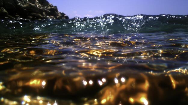 Serene Ocean View with Golden Water Surface and Sparkling Waves under Clear Blue Sky photo
