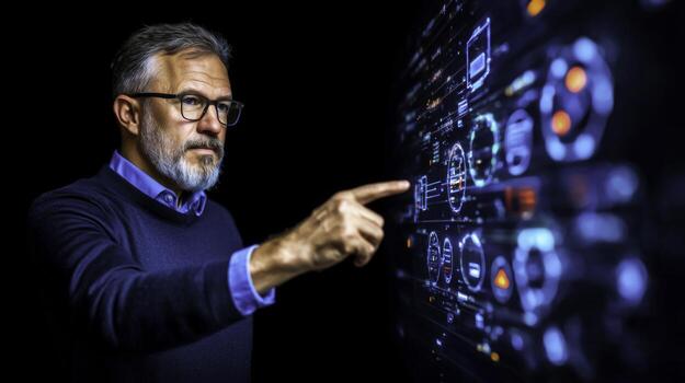 empresario interactuando con futurista digital interfaz en oscuro ambiente foto