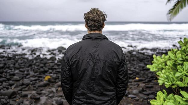 Man Stands on Rocky Beach Facing Ocean Waves with Lush Greenery in Background photo