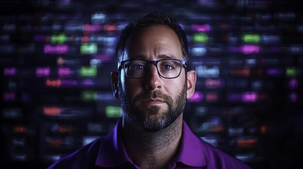 introspectivo hombre en púrpura camisa en contra vistoso resumen digital antecedentes con lentes foto