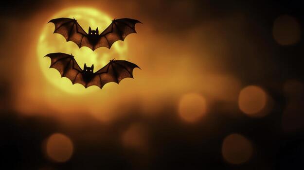 Bats Silhouetted Against a Glowing Orange Moon in a Mysterious Twilight Sky photo