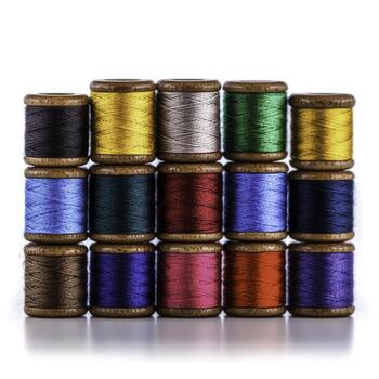 vistoso carretes de hilo en un pulcramente arreglado monitor para de coser y arte proyectos foto