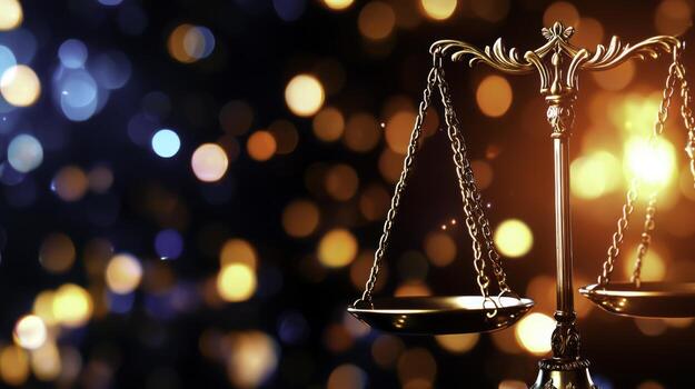 Golden Scales of Justice with Colorful Bokeh Lights in Background for Law Themes photo