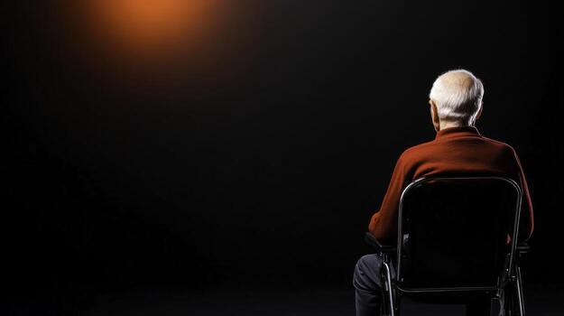 Elderly Man Sitting Alone in Darkness with Soft Light in Background Evoking Reflection and Solitude photo