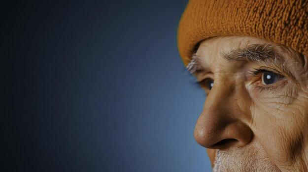 closeup Portrait of an Elderly Man with Distinctive Orange Hat and Textured Skin photo