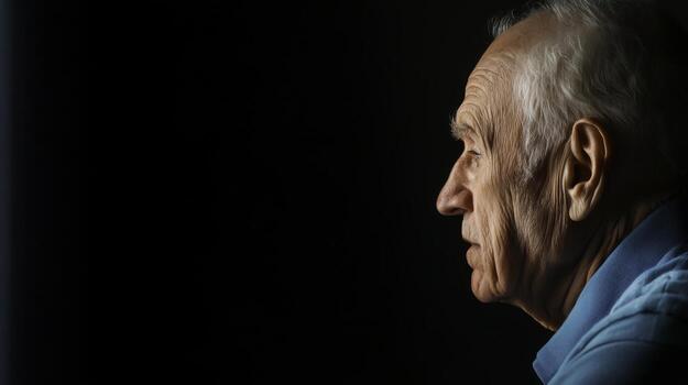 Thoughtful elderly man looking out of window with deep contemplation in dim light photo