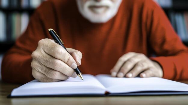 Senior Man Writing in Notebook with Pen, Focus on Hand and Book, Cozy Indoor Setting photo