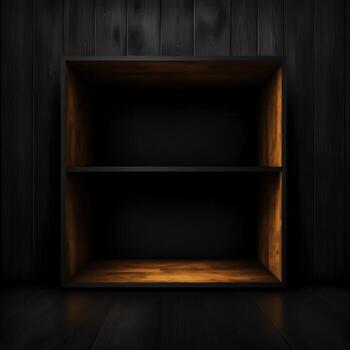 Empty wooden shelf in dark room with glowing orange light and wooden background texture photo
