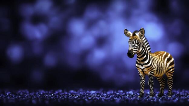 Cute Zebra Figurine on Bright Blue Background with Sparkling Bokeh Effect photo