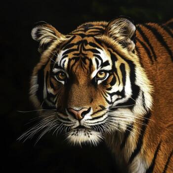 Majestic Tiger closeup Capturing Intense Gaze and Vibrant Fur Patterns in Nature photo