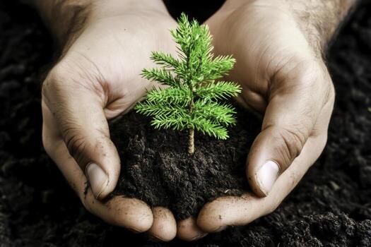 Caring Hands Nurturing Small Green Tree with Soil in Natures Embrace photo