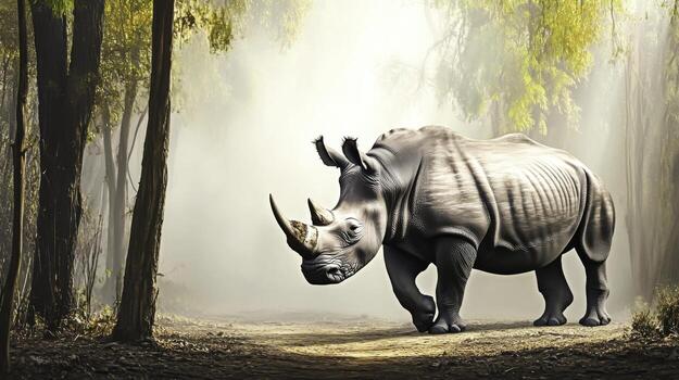 Majestic Rhinoceros Walking Through Enchanted Forest with Light Filtering Through Trees photo