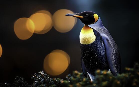 majestuoso emperador pingüino en pie alto en medio de suave bokeh antecedentes colores a oscuridad foto