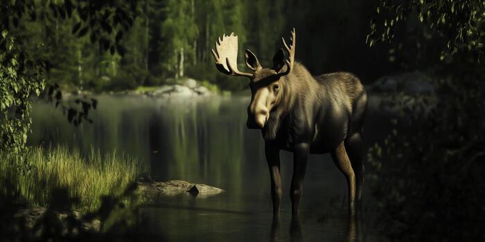 Majestic Moose Standing in Tranquil Waters Surrounded by Lush Green Forest photo