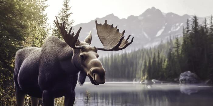 Majestic moose standing near a serene lake surrounded by lush green forest backdrop photo