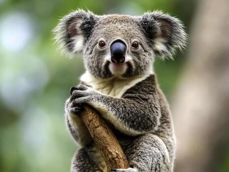 Adorable koala hugging a branch while perched on a tree in natural habitat setting photo