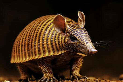 Armadillo with Distinctive Shell Pattern Against Dark Background in Natural Habitat photo