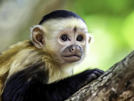 Captivating closeup of a Curious Baby Monkey Resting on a Tree Branch in Nature photo
