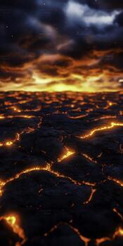 Fiery Lava Flow Under An Erupting Volcano At Sunset With Dramatic Cloudy Sky photo