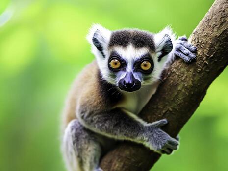 Captivating closeup of a Curious Lemur Climbing a Tree in Vibrant Green Environment photo