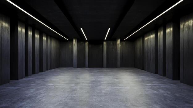 Empty Modern Space with Dark Walls and Concrete Floor Under Bright Linear Lights photo