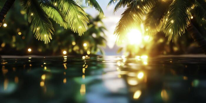 Serene Tropical Beach at Sunset with Palm Trees and Glimmering Water Reflections photo