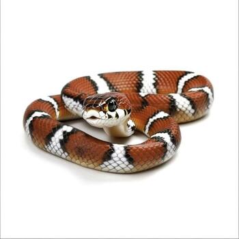 Colorful snake with vibrant red, black, and white patterns on a white background photo