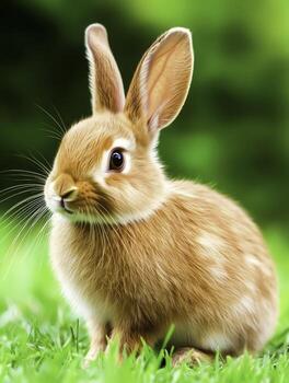 Cute Brown Rabbit Sitting on Green Grass with Blurred Background in Natural Setting photo