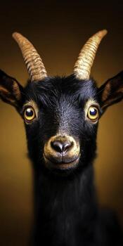 closeup Portrait of a Black Goat with Curved Horns Against a Warm Background photo