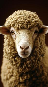 closeup Portrait of a Fluffy Sheep with Curly Wool Against a Dark Background photo