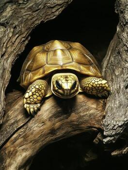 closeup of a Beautiful Yellow Tortoise Resting on a Textured Wooden Surface photo