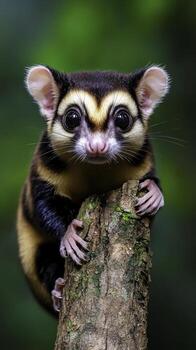 Adorable Small Mammal Climbing on Tree Trunk in Dense Tropical Forest Setting photo