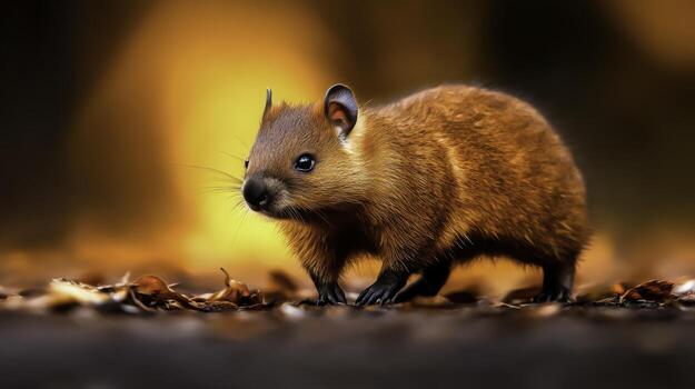 Small brown mammal exploring forest floor with autumn leaves and warm background glow photo