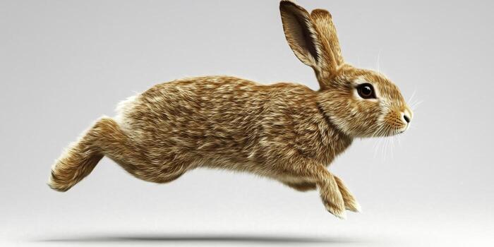 Dynamic Brown Rabbit in Mid-Air Leap Against Soft Neutral Background photo